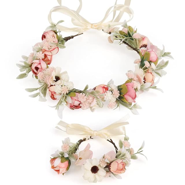 Detalle de Wedding Floral Girlande (Krone) Damen Blumen-Haarreif-Set mit Armband, verstellbar – rosa/beige