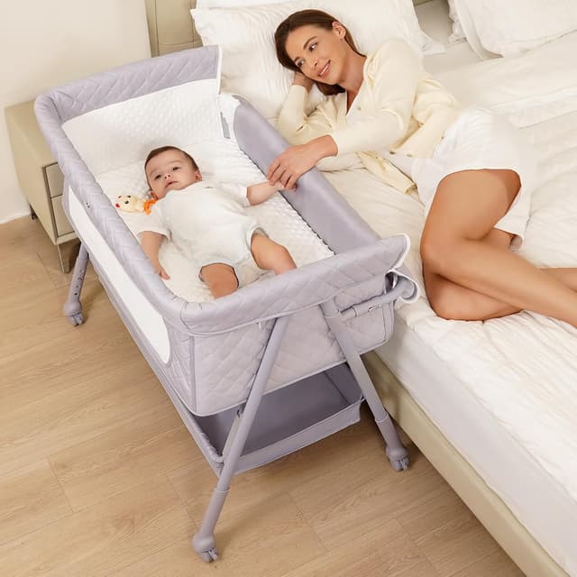Detalle de Kiniew Bassinet Bedside Sleeper (Adjustable Height, Folding, Mesh) — Grey