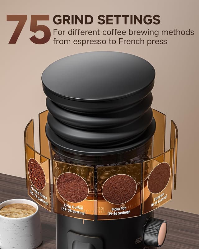 Detalle 2 de AMZCHEF Electric Burr Coffee Grinder with 75 grind settings and near-zero retention