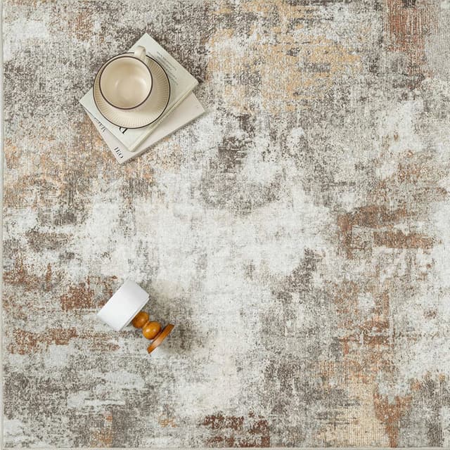 Detalle de PureCozy Abstraktes Wohnzimmer-Teppich-Set 240 x 300 cm (Vintage, waschbar, rutschfest, Orange-Grau)