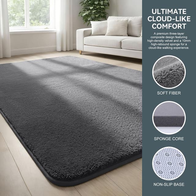 Detalle de Homaxy Modern Rugs dark grey soft shaggy large rug (240x340cm) with non-slip backing