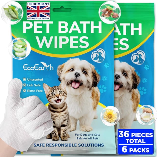Detalle de EcoEarth Premium Pet Wipes for Dogs & Cats (36 Hypoallergenic Wiping Gloves) — Waterless, lick-safe cleaning