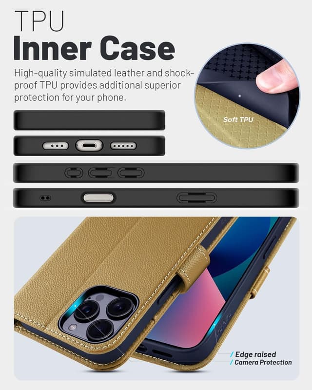 Detalle de OCASE iPhone 16 Pro Hülle mit Kartenfach, Standfunktion und RFID-Schutz (PU Leder, Klapphülle) – Kupfer