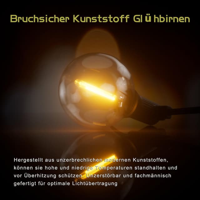 Detalle de Kawaya 15 m LED-Lichterkette außen (IP65) mit 25+2 bruchsicheren G40-Glühbirnen, warmweiß, dimmbar