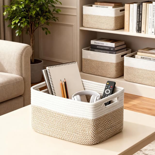 Detalle de Yilobi 5-Pack Woven Cotton Rope Storage Baskets (Khaki & White) for Shelves