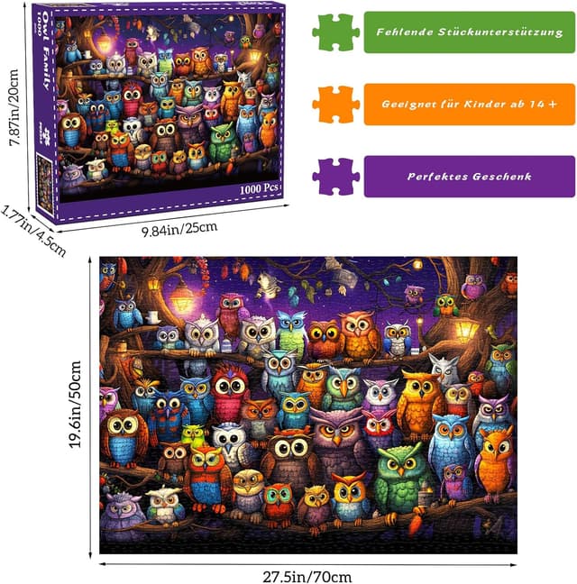 Detalle 2 de HUADADA Puzzle 1000 Teile für Erwachsene mit Eule-Motiv (70 x 50 cm)