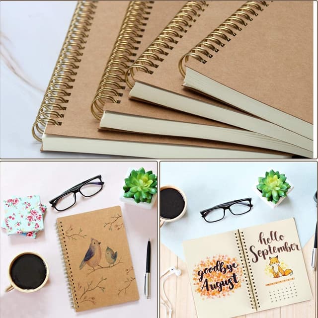 Detalle de VEESUN 4er-Pack A5 Spiral-Notizblock mit Kraftpapierumschlag (80 Blatt, weiß, leer)