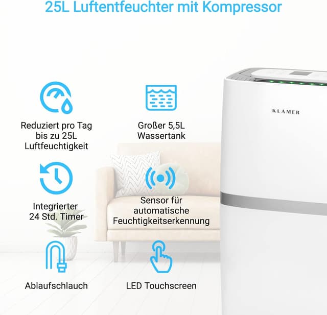 Detalle 2 de KLAMER Luftentfeuchter elektrisch 25 L/24h – 5,5-L-Tank, leise, Smart Sensor, Timer & Wäschemodus