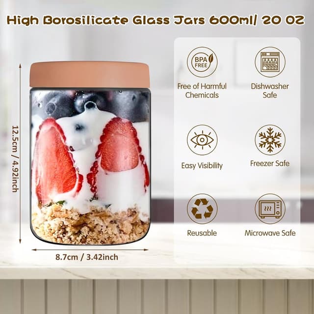 Detalle de YUEYEE 4 Meal Prep Gläser (600 ml) mit Deckeln – für Overnight Oats, Marinaden & Aufbewahrung