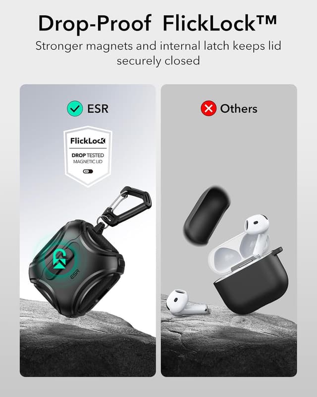 Detalle de ESR AirPods 4 Case (Cyber Series) with MagSafe support, drop protection strap and Find My speaker cutouts