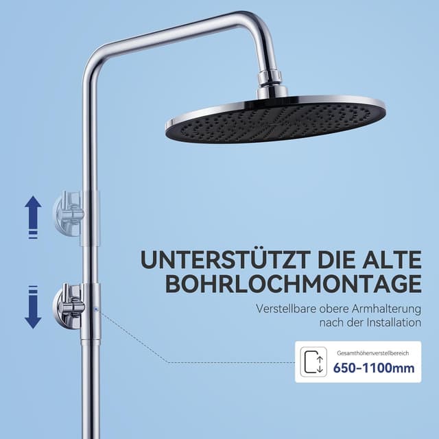 Detalle de Auralum Regendusche ohne Armatur – Duschset mit Ø 250 mm, 4 Strahlarten & höhenverstellbarer Duschstange