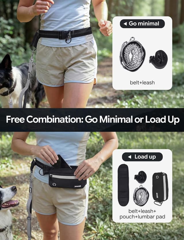 Detalle 2 de Pecute Joggingleine für Hunde (15–55 kg) mit breitem Bauchgurt, wasserdichter Hüfttasche & Stoßdämpfungs-Bungee