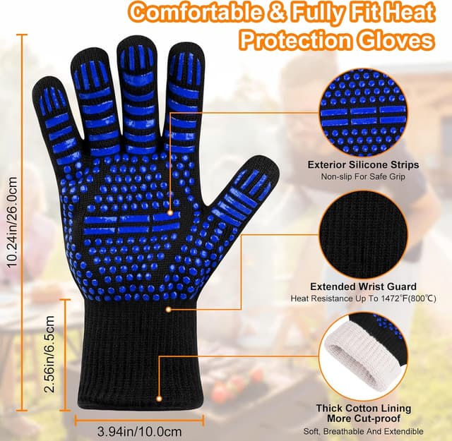 Detalle 2 de flintronic Heat Resistant Grill Gloves (Blue) – oven, BBQ and soldering hand protection up to 800°C