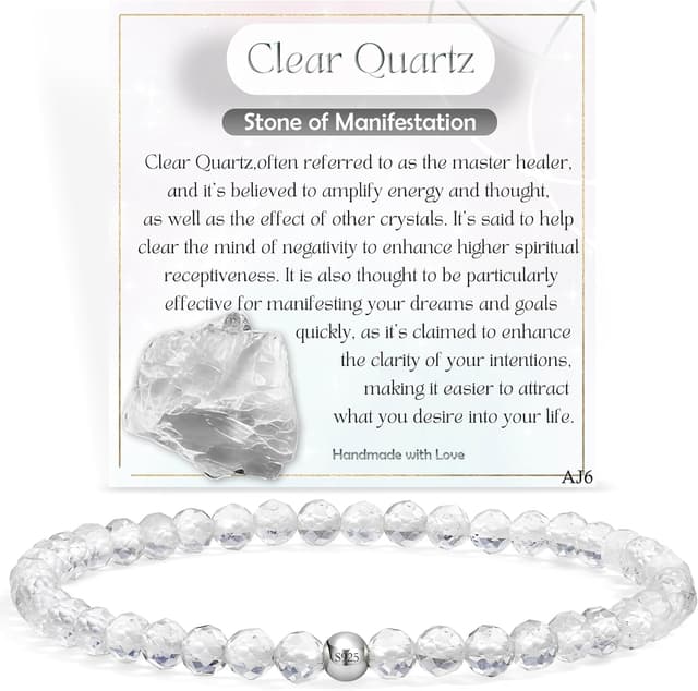 Detalle de Farfume Edelstein-Perlenarmband 4 mm mit Quarz & 925 Sterling Silber – elastisch, Chakra-Spirituelle Schmuckarmband für Damen