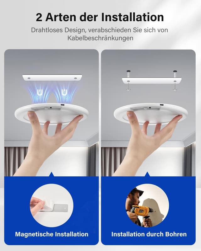 Detalle de Leselux Deckenlampe mit Bewegungsmelder innen, LED Akku-Leuchte (kabellos), 3 Farbtemperaturen & Fernbedienung – 2er-Set