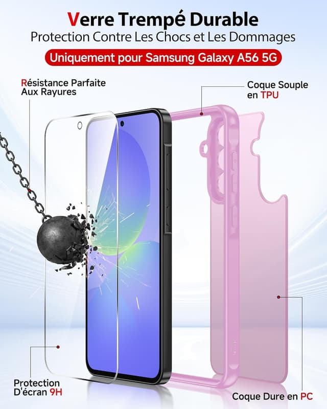 Detalle de Coque LeYi pour Samsung Galaxy A56/A56 5G avec 2 verres trempés et protection caméra/écran (rose carmin)