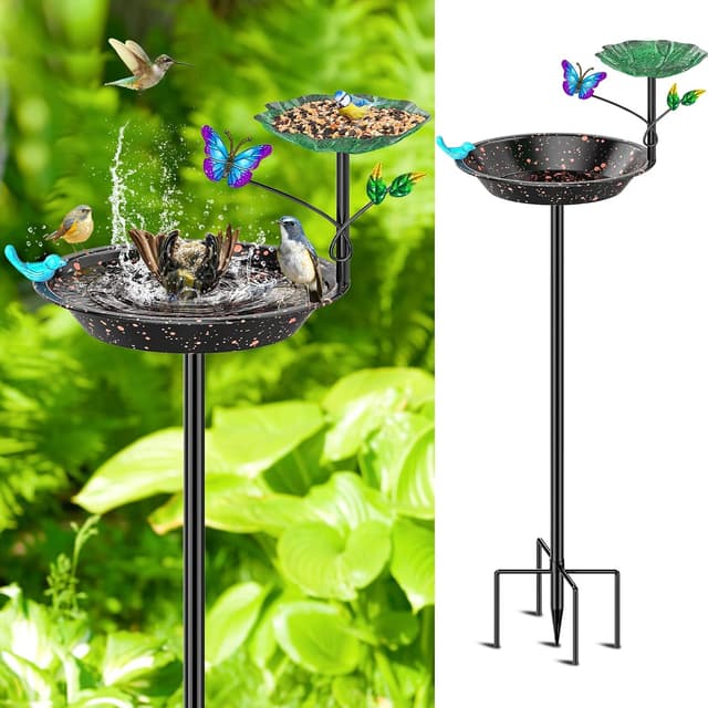 Detalle de KHayRovies Vogeltränke & Futterstelle stehend für außen aus Metall mit 5-Zinken-Basis (schwarz)