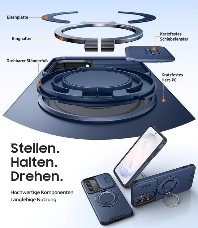 Detalle 2 de AOUIA Hülle für Samsung Galaxy S25 FE mit 2× Panzerglas, Kameraschutz & 360° Ring-Kickstand – stoßfest, blau