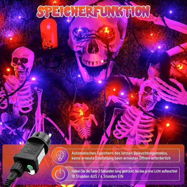 Detalle de Lincentra Halloween-Lichterkette außen 40 m (400 LEDs) Orange/Lila mit Timer & 8 Modi