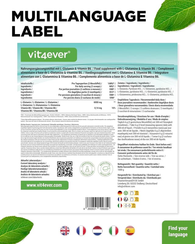 Detalle 2 de vit4ever L-Glutamin Pulver (1000 g) – hochdosierte vegane Aminosäure aus pflanzlicher Fermentation