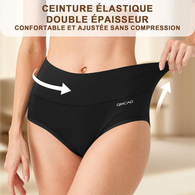 Detalle de QINCAO Culottes femme taille haute en coton (pack de 6) – ceinture élastique double couche, sans étiquette