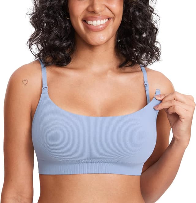 Detalle de MOMANDA Soutien-gorge d’allaitement sans armatures en tricot côtelé, avec coussinets amovibles et bretelles convertibles