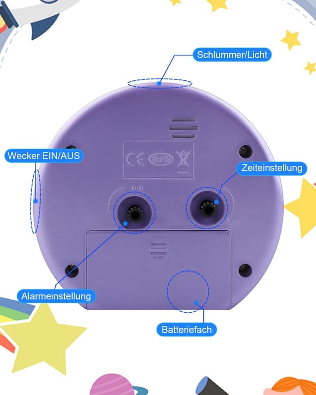Thumbnail 6 de Ayybboo Kinderwecker ohne Ticken mit Snooze und Nachtlicht – analoger Quarzwecker für Kinder (Lavendel)