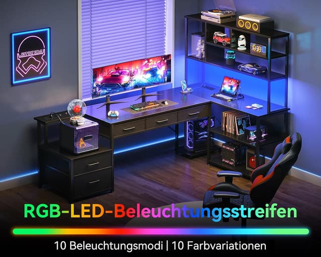 Detalle 2 de Coleshome Eckschreibtisch mit 5 Schubladen, 4 Regalen, LED & Steckdosen/USB (L-Form, 200×110 cm) – Schwarz