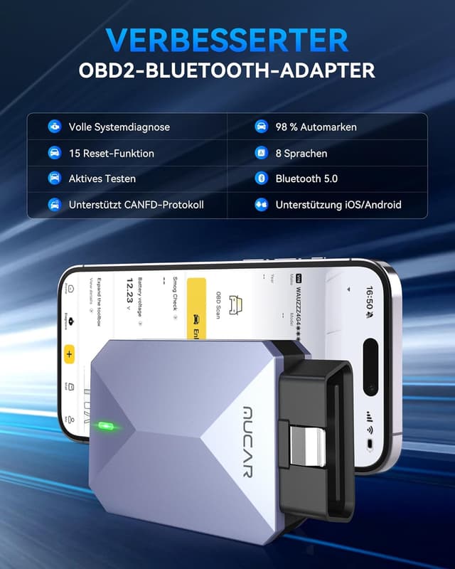 Detalle de MUCAR BT200 MAX OBD2 Bluetooth Adapter mit KI-Hilfsfunktion, Diagnose & Reset (ELM327-Unterstützung, iOS/Android)