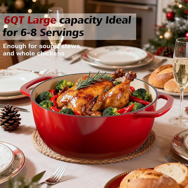 Detalle de Umite Chef 6QT Enameled Cast Iron Dutch Oven with Lid (Red) — Oven & Stovetop Safe