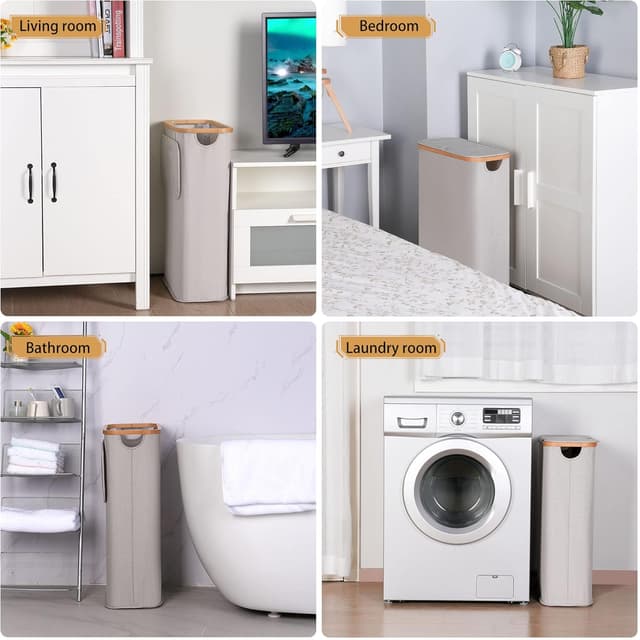 Detalle 2 de iEGrow 65L Slim Washing Basket with Removable Inner Bag, Bamboo Handle and Lid (Light Grey)