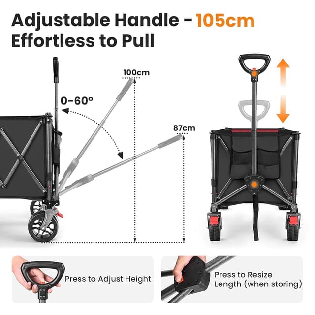 Thumbnail 6 de YEAUPE PRO faltbarer Bollerwagen mit Feststellbremse, All-Terrain 6-Zoll-Räder und klappbarer Heckklappe (150–240 L) – Schwarz