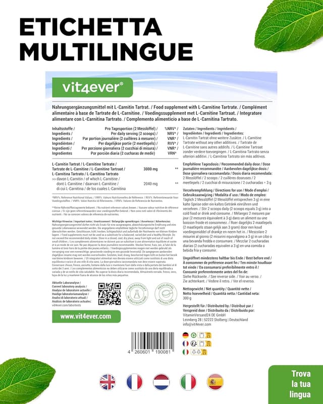 Detalle 2 de L-Carnitine Pure 300 g in polvere (L-Carnitina Tartrato) – 100 porzioni da 3 g, 100% vegano