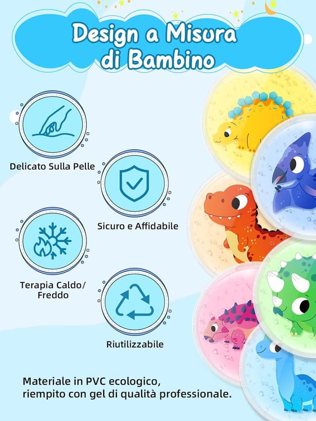 Detalle de Comfytemp set da 6 borse del ghiaccio riutilizzabili per bambini con impacchi caldi e freddi a tema dinosauro