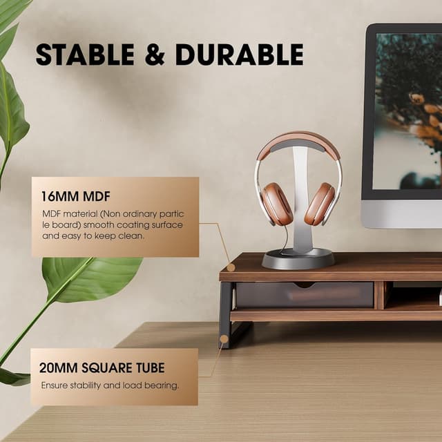 Detalle 2 de Fenge Dual Monitorständer Riser mit 2 Acryl-Schubladen, 2 Etagen – 108 cm, bis 45 kg (Braun)