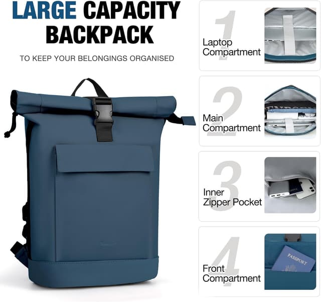 Detalle 2 de Lekeinchi Rolltop Backpack (Blue) with 17-inch laptop compartment