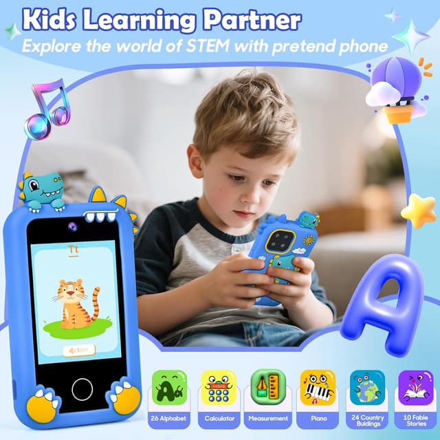 Detalle 2 de Jusvenmt Kids Phone for Boys (Dinosaur) with 2.8" Touchscreen, Dual Camera, 44 Games, 32GB Card