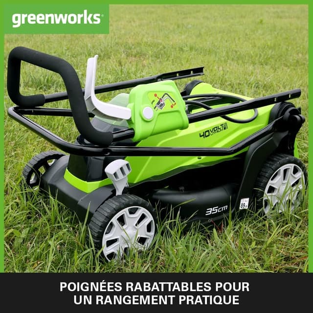 Detalle de Greenworks Tools 40V G40LM35K2 tondeuse sans fil pour pelouses jusqu’à 500 m² (35 cm) avec sac 50 L, sans batterie ni chargeur