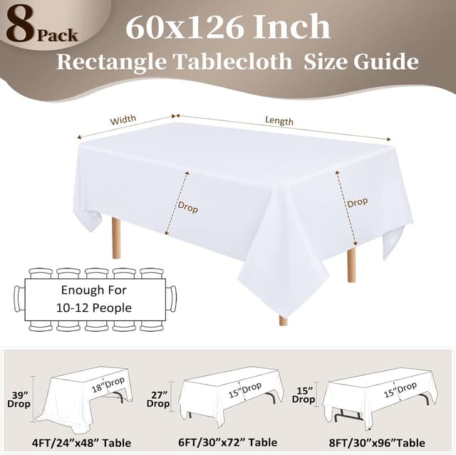 Detalle 2 de Pepmily 8-Pack White Rectangle Tablecloths (60x126 Inch) for 8-Foot Tables