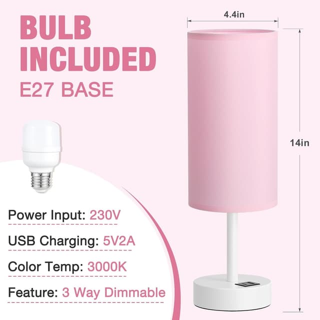 Thumbnail 6 de Aooshine Pink Bedside Lamps with Touch Control and USB-C + USB-A Charging Ports (White Base, Bulb Included)