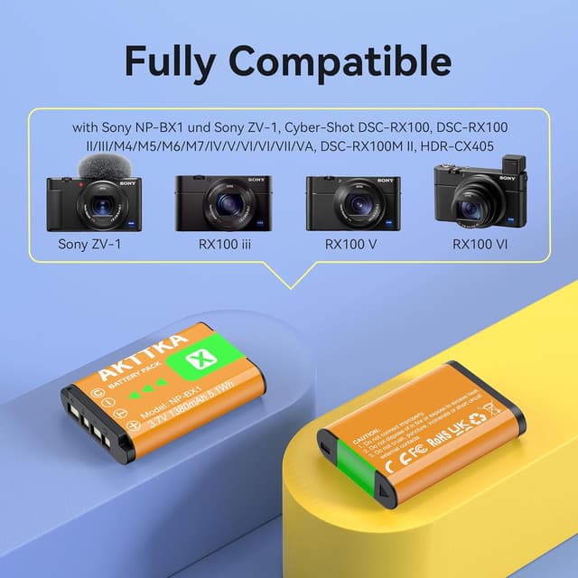 Detalle de AKTTKA confezione da 3 batterie NP-BX1 da 1380 mAh + caricabatterie a 3 porte con USB-C