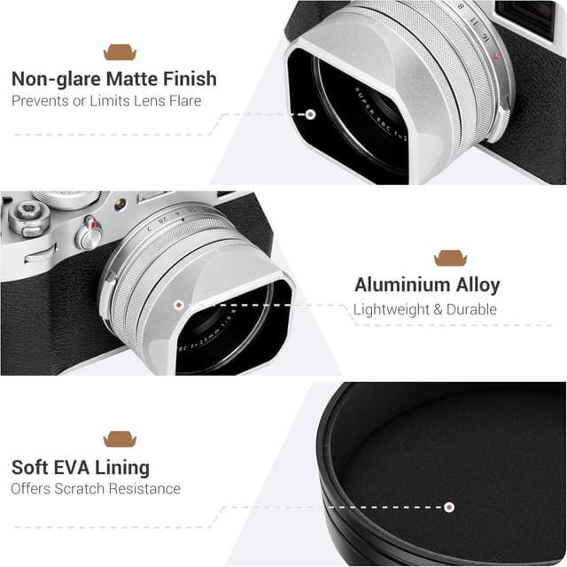 Detalle de JJC Classic Square Metal Lens Hood with 49mm Adapter Ring for Fujifilm X100VI / X100V / X100F (Black)