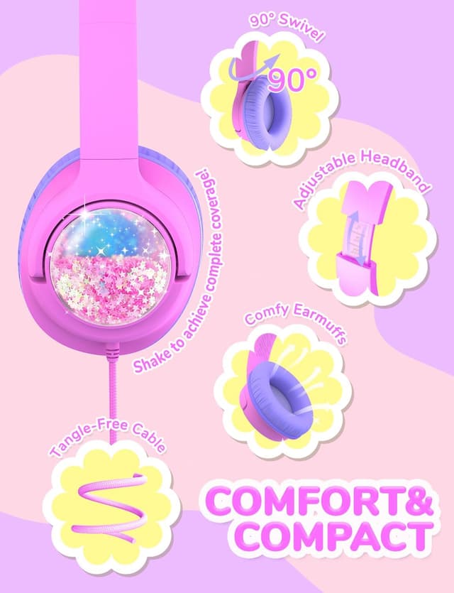 Detalle 2 de iClever Kids Wired Headphones (85 dBA volume limit) – Foldable Over-Ear for School (Purple Glitter)