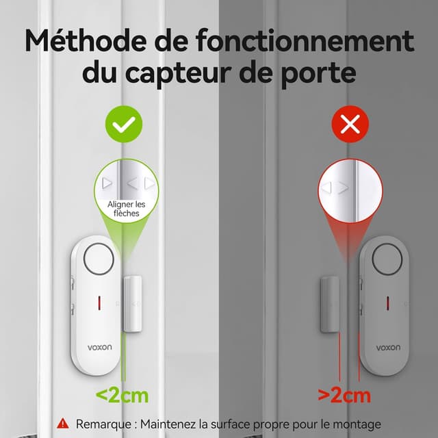 Detalle de VOXON alarme maison sans fil pour porte et fenêtre (lot de 2 détecteurs, contrôle volume 3 niveaux, 98 dB)