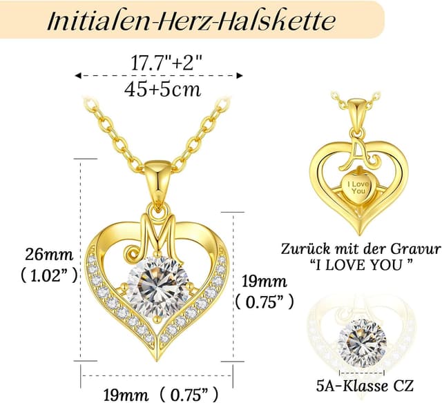 Detalle 2 de LOUISA SECRET Damen Halskette mit A–Z Initialen und Herz-Anhänger, 18K vergoldet – personalisiertes Schmuckgeschenk