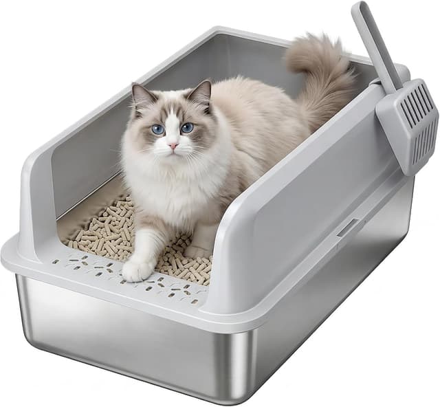 Detalle de Lifewit litière pour chat ouverte en acier inoxydable avec pelle et grand bac XXL (sans couvercle) – Gris