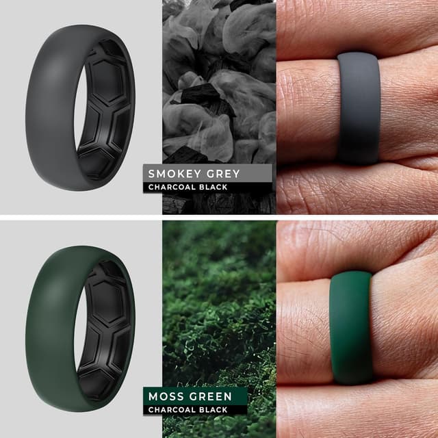 Detalle 2 de ThunderFit Men’s Patterned Silicone Rings (8mm) — Hypoallergenic Active Wedding Band Alternative, Variety Multipack