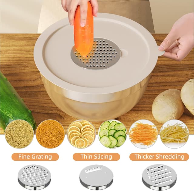 Detalle de Fyrnova 6-Piece Stainless Steel Mixing Bowls Set with Lids and Grater Attachments