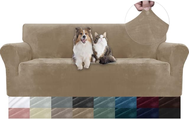 Detalle de YSTELLAA Housse de canapé en velours extensible 3 places camel, avec accoudoirs