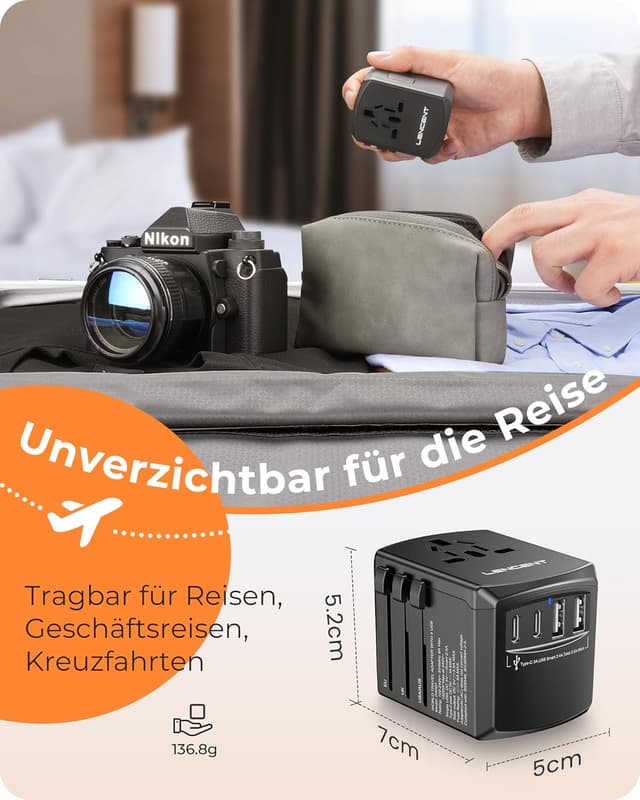 Detalle 2 de LENCENT Reiseadapter weltweit mit 2 USB‑A und 2 USB‑C 🔌